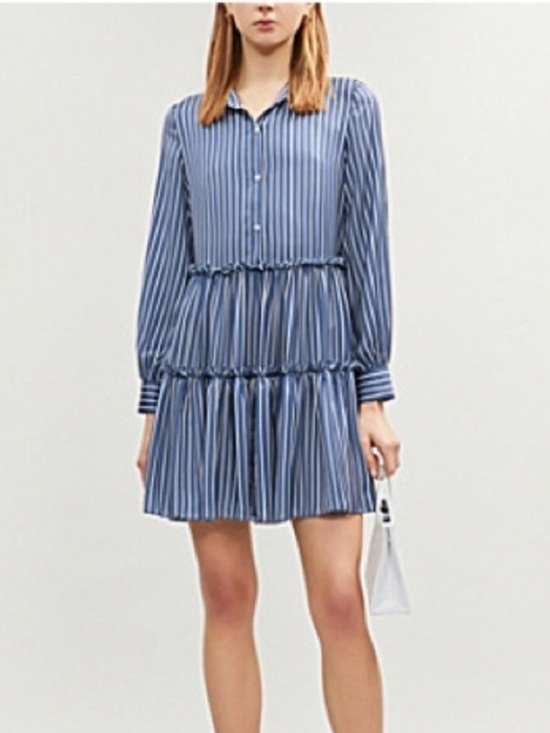 Maje Dresses & Skirts - Maje Blue and White Striped Tiered Long-Sleeve Shirt Dress
